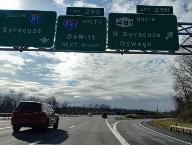 Approaching Syracuse NY - note the exit to the 481 bypass - a route to consider if it is rush hour in Syracuse
