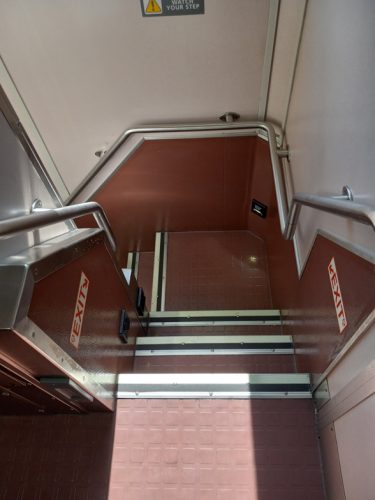 The on-board stairs leading up too and down from the roomette level on the Sanford Auto Train