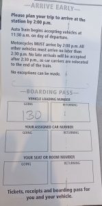 Vehicle check in slip given us when we check into the auto train at the Sanford Amtrak terminal