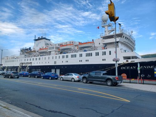 A cruise ship at port in St. John's harbor.