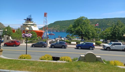 View from St Johns war memorial grounds overlooking Water Street and the harbor