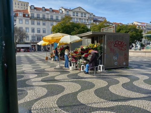 Flower sellers outside, selling live flowers in Rossio Square, Lisbon.