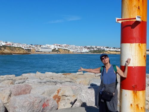 At the end of this breakwater, looking left is a different view of Albufeira and Fishermans Beach.