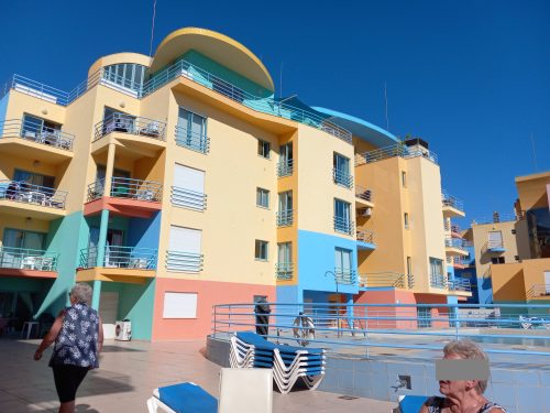 "Jellybean" type colours of Albufeira Marina apartments.